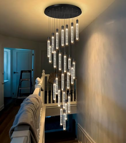 13 Foot High Ceiling Chandelier for Entryway Modern Crystal Lights for Living Room Foyer Flush Mount Sloping Ceiling Pendant Light Fixture Remote Dimmable 24 (24 lights / Black)