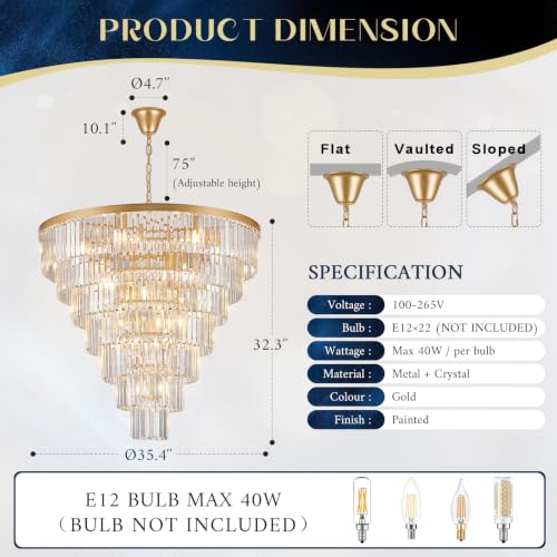 Gold Crystal Chandeliers 22 Lights 36" Luxury Round Chandelier (Gold / Large-35.4”)