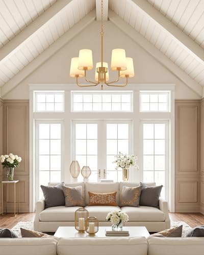 Chandelier, 5-Light Farmhouse Chandeliers for Dining Room, Height Adjustable Dining Room Light Fixture with White Fabric Shade