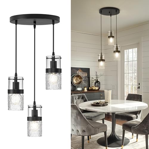 Black 3 Light Pendant Fixtures (Black -Hammered Glass / 3.5" Hammered Glass, 3-Light)