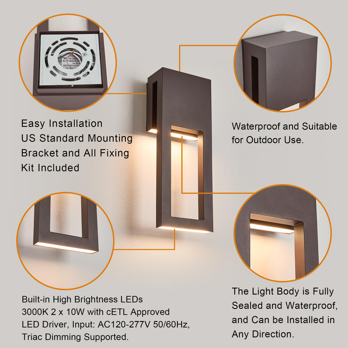 Outside Garage Lights 15" Triac Dimming Wet Location Sconce (1Pack Textured Bronze(without Photocell))