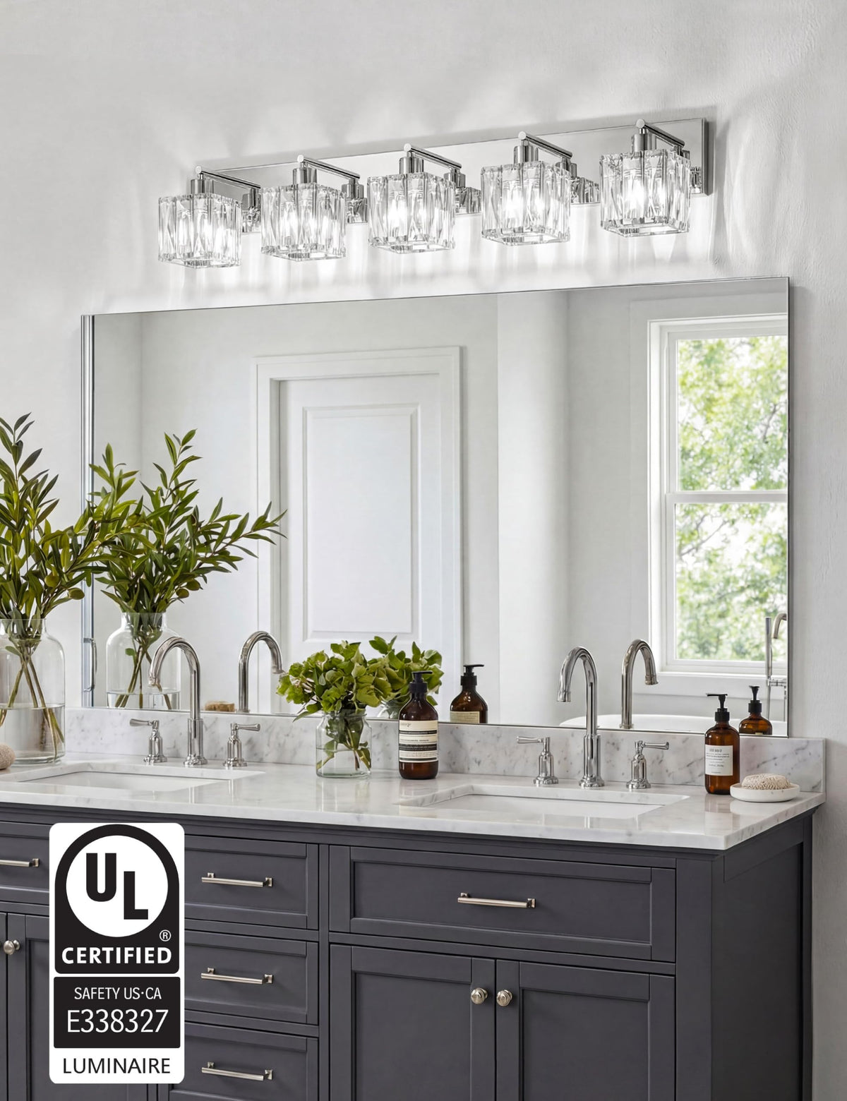 5 Light Crystal Bathroom Vanity Light Square (Polished Chrome-Square / 5 Light)