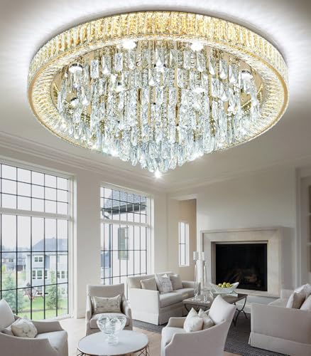 Modern Crystal Large Chandeliers LED Dimmable Flush Mount Ceiling Chandeliers for Living Room High Ceiling Entrance Foyer Bedroom (Gold / 39.3" Width)