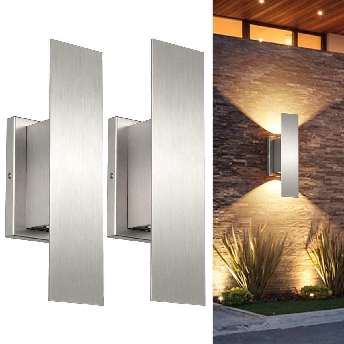 2 Pack Nickel Outdoor LED Up Down Wall Sconces (Brushed Nickel)