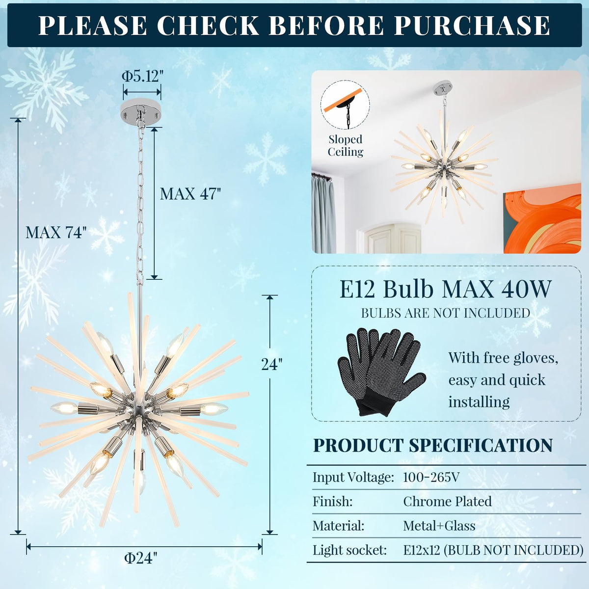 Modern Chrome Sputnik Chandelier Frosted Glass Starburst Dining Room Light (Chrome / Milky White / 24.10 inch)