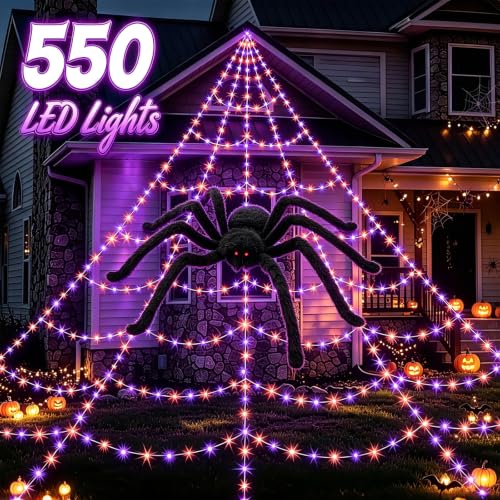 Halloween Spider Web Outdoor Decorations (Purple+Orange / with giant spider)