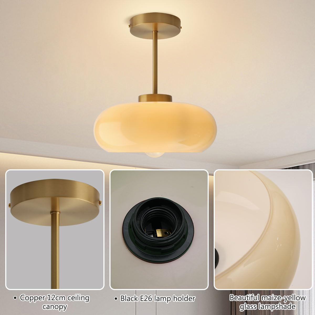 mid Century Ceiling Light Milk Glass Ceiling Light fixtures Glassshade Gold Modern Semi Flush Mount Ceiling Light (Milk Yellow)