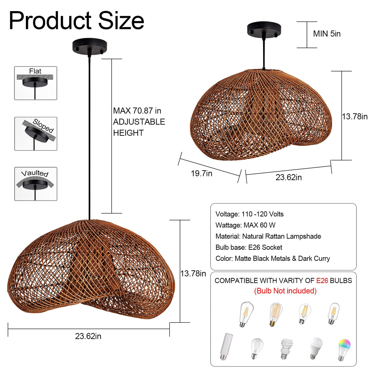 23.6" Rattan Pendant Light (Dark Brown / 23.6")