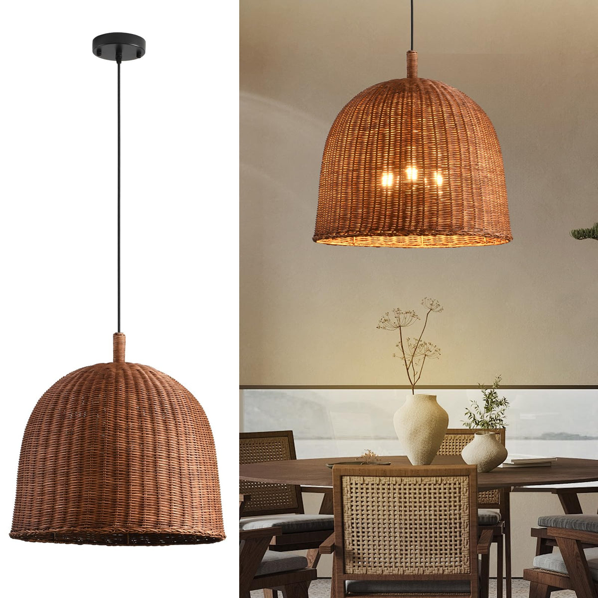 17.7" Rattan Pendant Light (Dark Brown Rattan / 17.7" 3-Light)