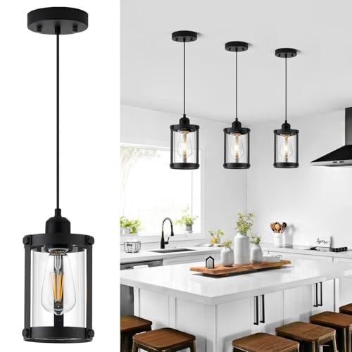 Matte Black Pendant Lights Kitchen Island (Black + Clear Glass / 1-Light Pendant, 1 Pack)