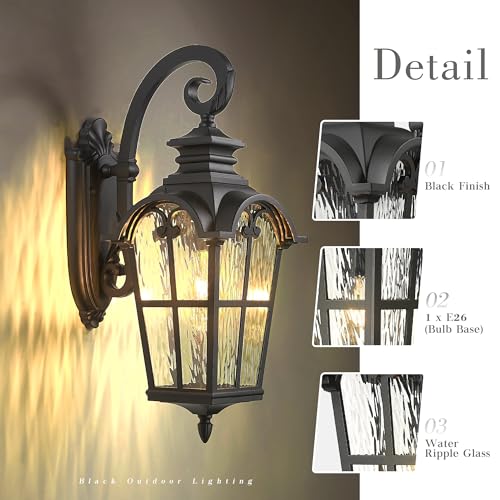 Porch Outdoor Wall Lantern (Black - Water Ripple Glass / 24.9 Inch - No Function)