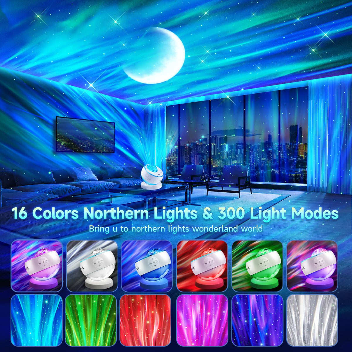 Northern Lights Projector Galaxy Projector with 300+ Light Effects Sound Machine (White)