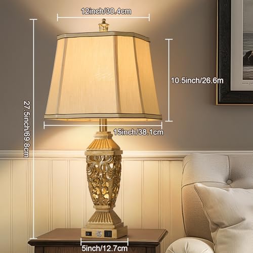 27.5" Touch Control Traditional Table Lamp Set of 2 with USB A+C (Bronze Wood-10 / 27.5")
