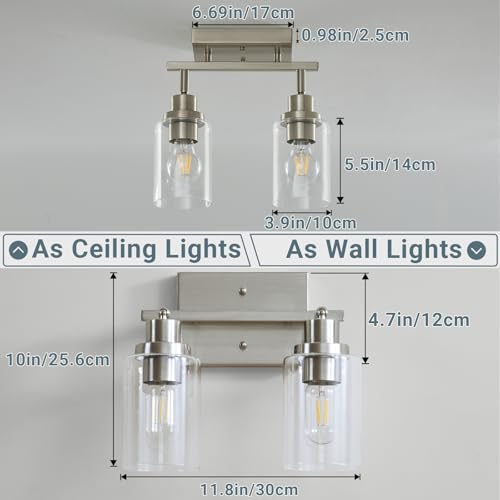 2 Light Brushed Nickel Bathroom Vanity Track Light Fixtures Ceiling Mount Kitchen Track Lighting Kit with Clear Glass Shade (Brushed Nickel / 2-Light)