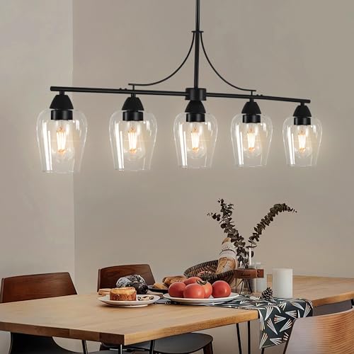 Chandeliers for Dining Room Black Dining Room Light Fixture Height Adjustable Linear Pendant Light with Clear Glass Lampshade