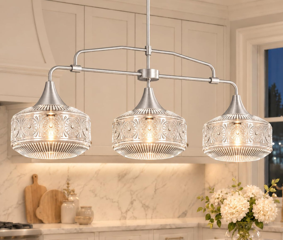 DSMJFU 3 Light Island Light for Kitchen Adjustable Kitchen Island Lighting (Nickel+Clear Glass / 37.4in)