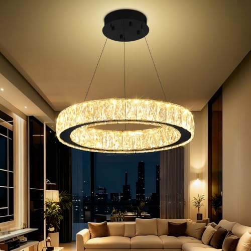 Crystal Ring Chandeliers for Living Room Foyer Hallway Staircase High Ceiling Chandeliers Long Hanging Pendant Light LED Dimmable 3000