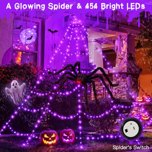 Halloween Sipder Web Lights 266 LED 9.8 FT Tall with Red Eyes Giant Spider (Purple / 9.8FT)