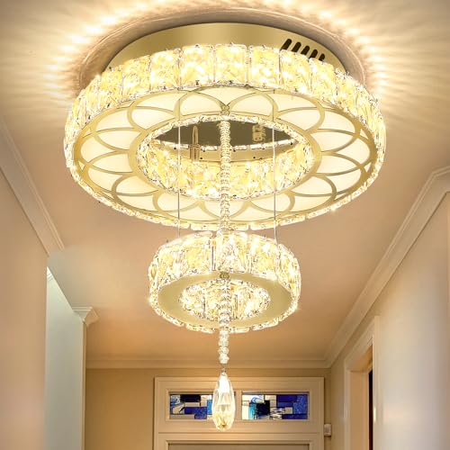 Dia 12" Crystal Mini Chandelier Crystal Gold Ceiling Light Fixtures LED Flush Mount Ceiling Light for Living Room Bedrooms Dining Room Dimmable 2700k 4500k 6000k (Gold / W:12inches)