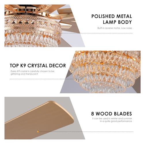 72"Large Golden Crystal Chandelier Ceiling Fans with Lights and Remote (Gold-72IN)