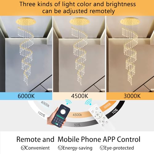14.7 Foot High Ceiling Chandelier for Entryway Modern Crystal Lights for Living Room Foyer Flush Mount Sloping Ceiling Pendant Light Fixture Remote Dimmable 28 (28 lights / Gold)