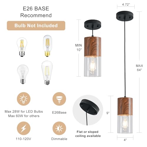 2 Pack Modern Pendant Lights for Kitchen Island (Brown Wood Grain & Transparent—Cord / 2 Pack)