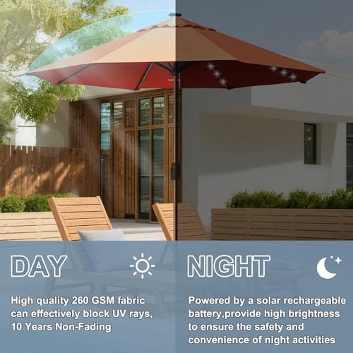 USA 10-Year-Non-Fading 10ft Market Patio Umbrella, Commercial Grade Table Sun Umbrella with 80 Solar LED Lights, Crank Open, Windproof & UPF 50+ UV Protection for Garden, Deck, Pool, Backyard, No Tilt, Rust (Rust / 10FT(Single Vent No Tilt))