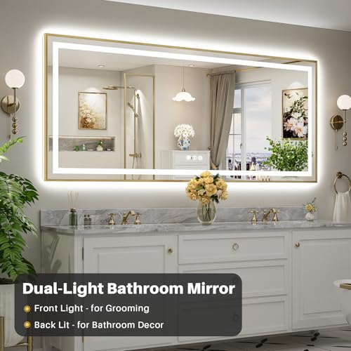 88x38 Inch LED Bathroom Mirror with Gold Frame (Backlit+front Lit With Gold Frame / 88"L x 38"W)