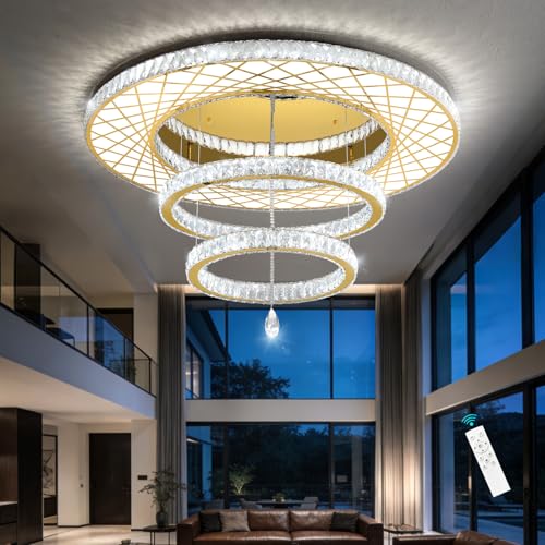 48 inch Large Size Glam Chandelier Crystal Ceiling Light for Living Room Chandeliers Lighting Fixtures with Remote Dimmable LED Light (48 inch / Gold)