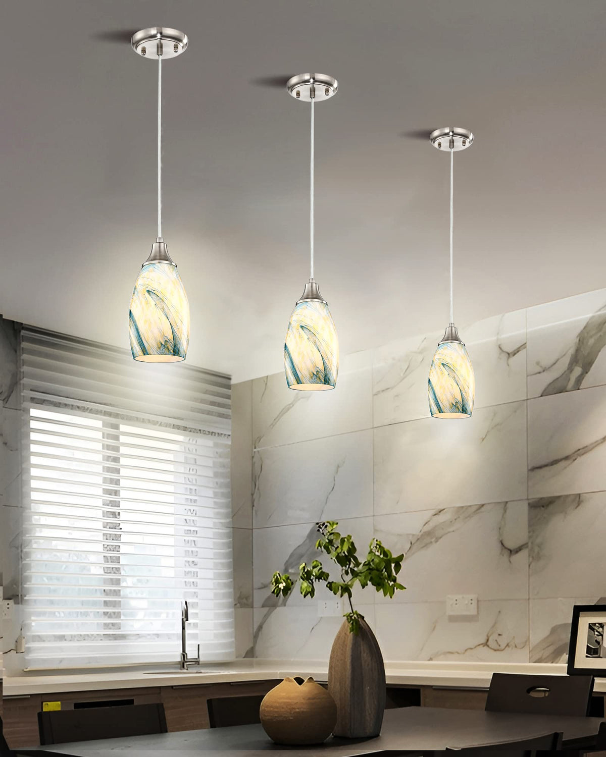 Art Glass Mini Pendant Lights for Kitchen Island Blown Art Glass Pendant Light Shade hanging ceiling lights with Brushed Nickel Finish for Kitchen Counter bar (Blue Mixing Yellow-1Pack)