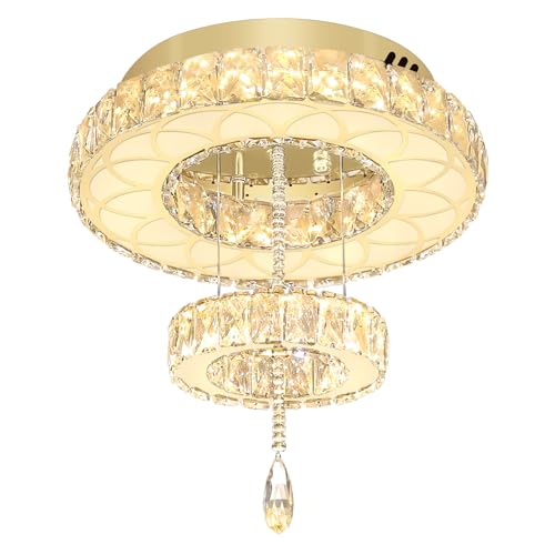 Dia 16inch Modern Gold Crystal Chandeliers Crystal Ring Chandelier for Hallway Bedroom Living Room Dining Room Dimmable LED Crystal Ceiling Light (Gold / W:16inches)