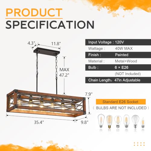 Farmhouse Kitchen Island Lighting 6 Lights Wood Rectangle Chandelier (6 Light Cross)
