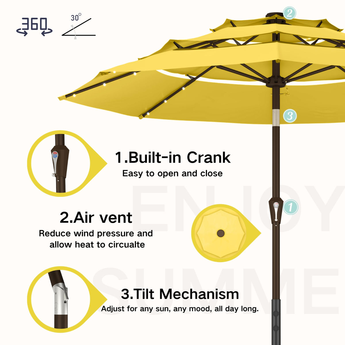9ft 3 Tier Patio Umbrella with Solar Lights (Yellow / 9 FT)