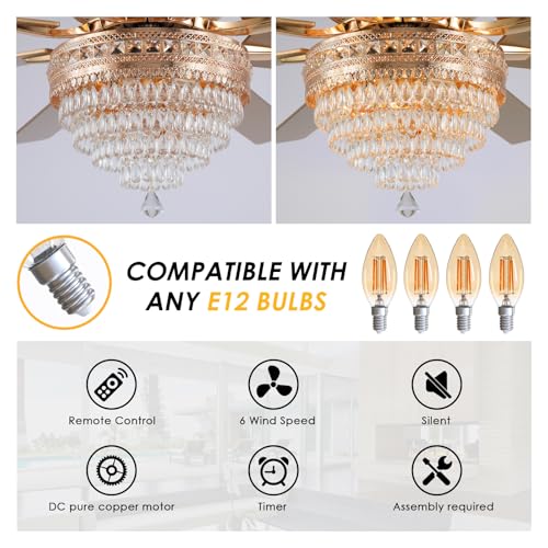72"Large Golden Crystal Chandelier Ceiling Fans with Lights and Remote (Gold-72IN)