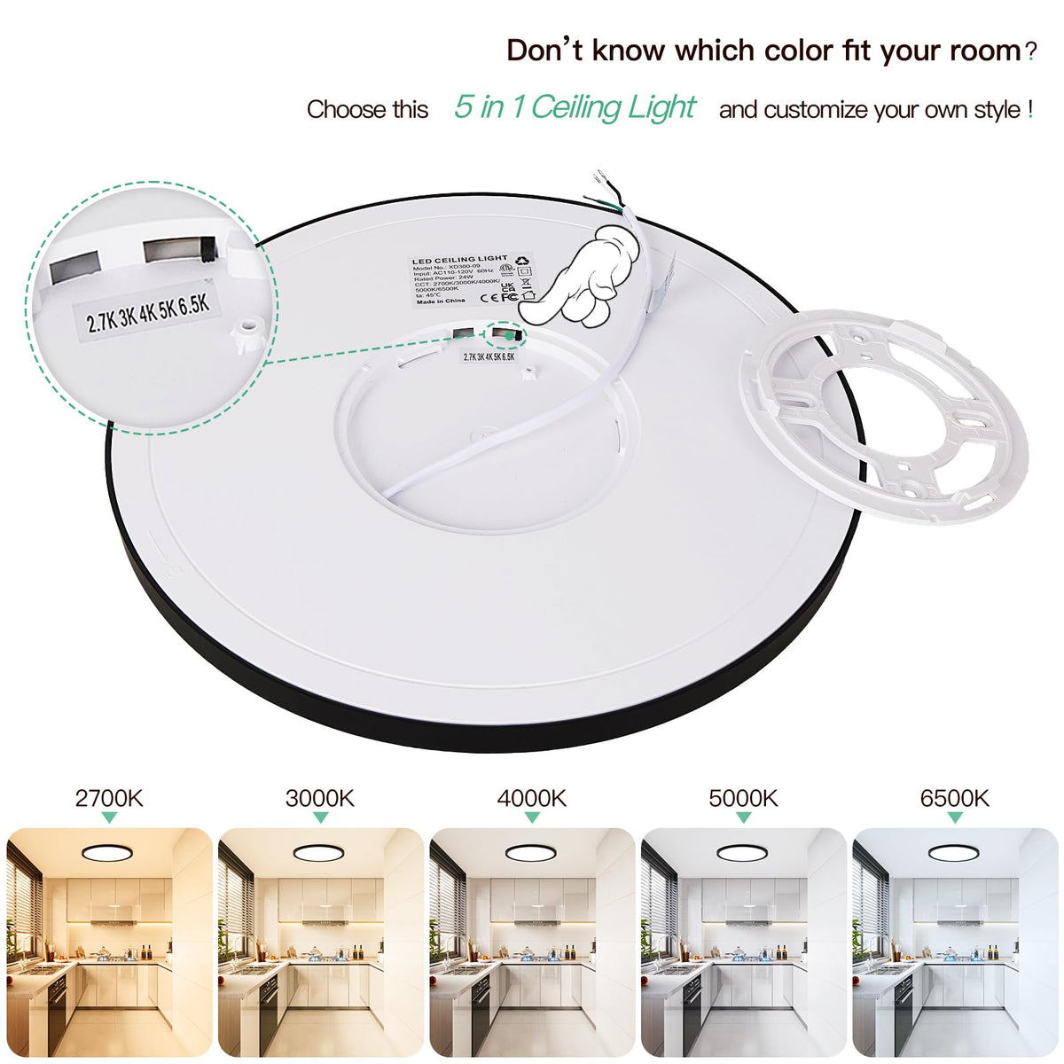 12 Inch LED Flush Mount Ceiling Light Fixture (5CCT-Black / 12 Inch-6 Packs)