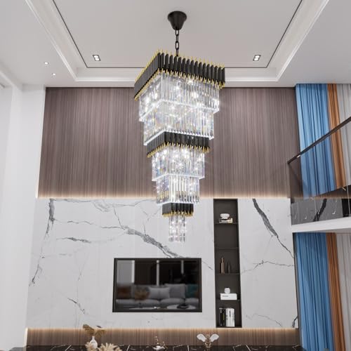 Modern Black and Gold Crystal Chandelier Large Foyer Chandelier for High Ceiling Long Entryway Chandeliers Adjustable Chain for Hall Living Room Entrance Staircase W24 x H80 17 Lights (D24"XH80" Black)