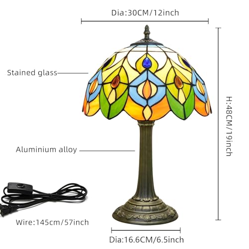 Tiffany Lamp Peacock Feather Stained Glass Table Lamp Pretty Desk Lamp For Home Office Living Room Kitchen Library Vintage Art Hoom Deco Chic Cute Bedside Lamp Tiffany Style Antique Decorative Lamp 12 (Peacock Feathers)
