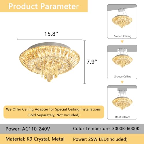 Crystal Chandelier 25W Modern Round Ceiling Light Fixture LED Raindrop Chandeliers Dimmable with Remote for Dining Room Living Room Entryway Hallway Bedroom Silver (Silver / W16")