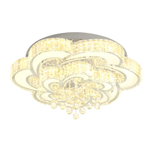 Dia 24'' Crystal Chandeliers Modern Chandelier for Living Room LED Dimmable Pendant Light Fixture with Remote Flush Mount Ceiling Lights for Bedroom Entryway Hallway Silver (Silver / Dia 24")