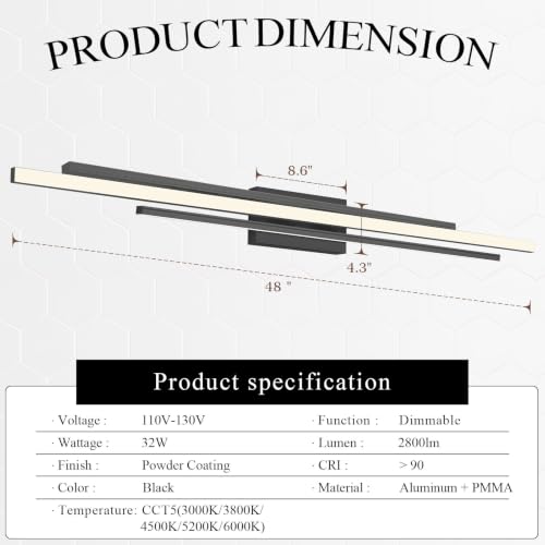 Modern LED Vanity Light 48 Inches Long Black LED Wall Light Over Vanity Mirror Hardwired Wall Mount Lighting Fixture 5CCT (48 Inches:Black)