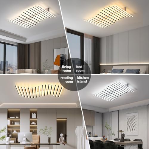 15 Lights Linear Modern Ceiling Light with Remote Control 43.3 inch Dimmable LED Chandelier Semi Flush Mount Light Fixture for Dining Room Kitchen Island Living Room (Black / 43.3x23.5inch)