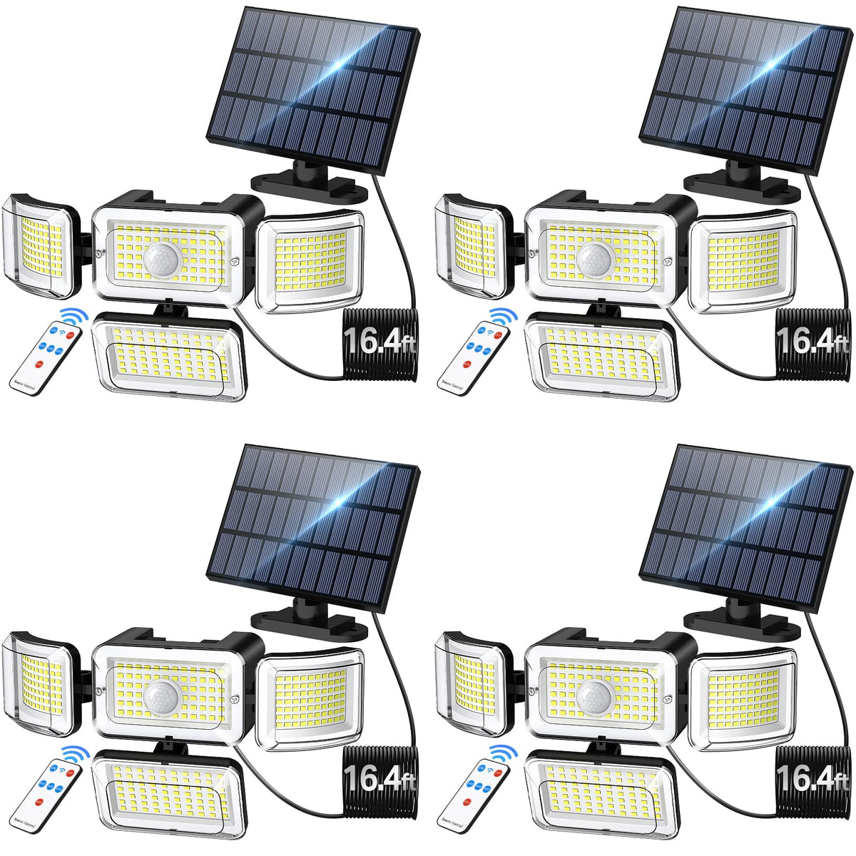 Solar Outdoor Lights Motion Sensor 3500LM 288 LED Solar Security Lights with Remote Control IP67 Waterproof 4 Heads Flood Lights with 16.4ft Cable 4 Modes Wall Lights