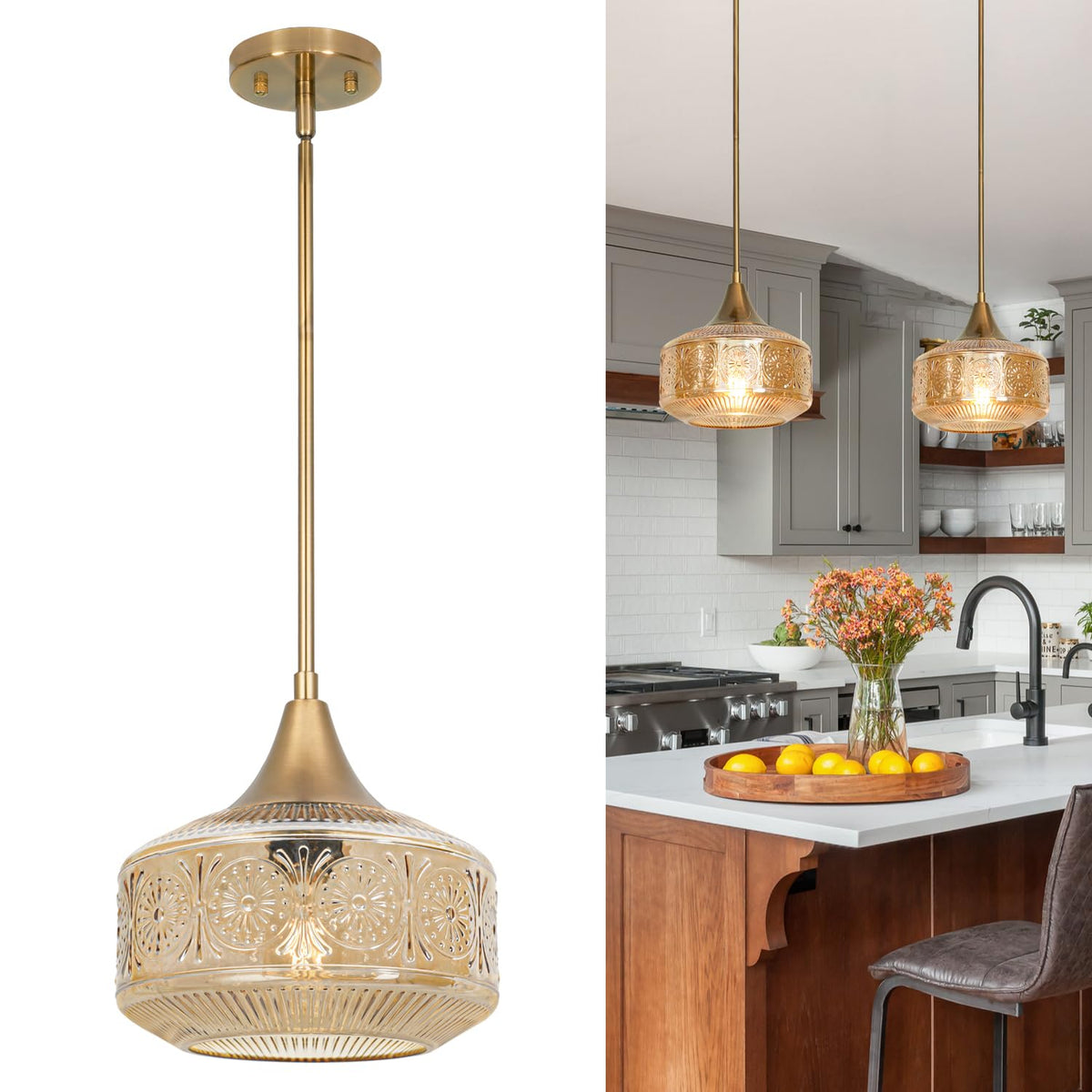 Gold Pendant Lights Kitchen Island Amber Glass Pendant Light for Island (Gold+Amber Glass / 9.25in)