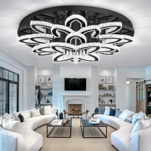 40" Modern Crystal Chandelier for Dining Room LED Dimmable Flush Mount Chandeliers Black Ceiling Chandelier for Living Room Bedrooms (Black / Dia 40")