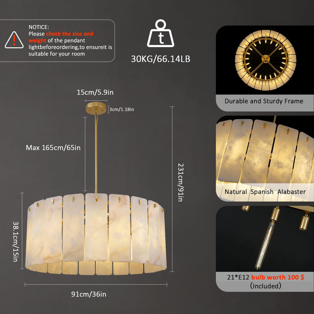 36 Inch Alabaster Chandelier (D36in)