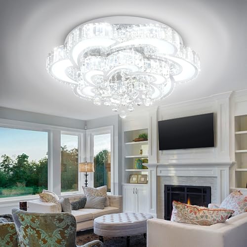 Dia 24'' Crystal Chandeliers Modern Chandelier for Living Room LED Dimmable Pendant Light Fixture with Remote Flush Mount Ceiling Lights for Bedroom Entryway Hallway Silver (Silver / Dia 24")