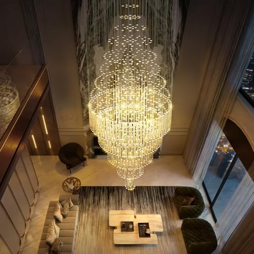D40 x H110 Gold Raindrop Crystal Chandelier LED Dimmable Contemporary Chandelier Large Pendant Light for Entryway Stairway Foyer (Gold / D40"X H110")