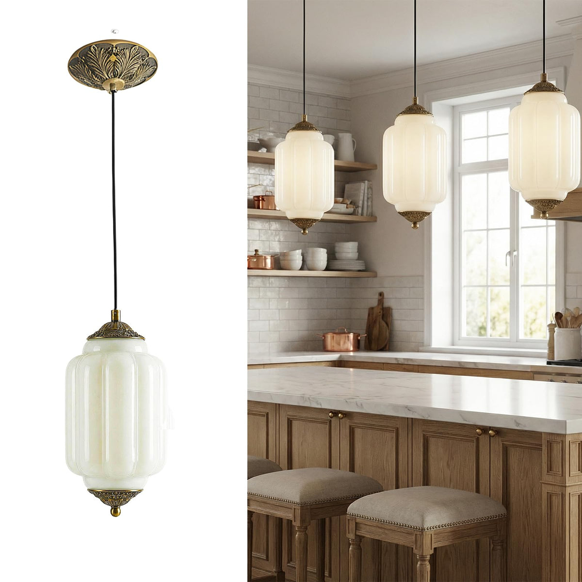 Vintage Milk Glass Pendant Lights Kitchen (Gold metal + white glass / 5.5 in)