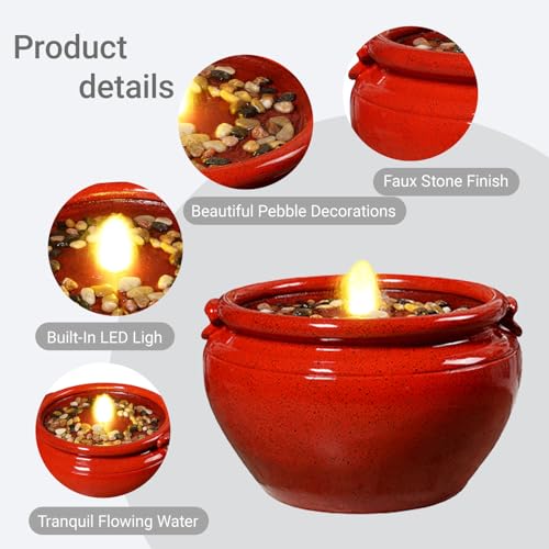 Red Glazed Resin Outdoor Water Fountain with LED Lights (Red Round Flow Fountains)