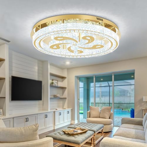 Modern Crystal Chandeliers for Dining Room Flush Mount Ceiling Chandelier for Living Room Dining Room Ring LED Crystal Ceiling Light (32in Gold)
